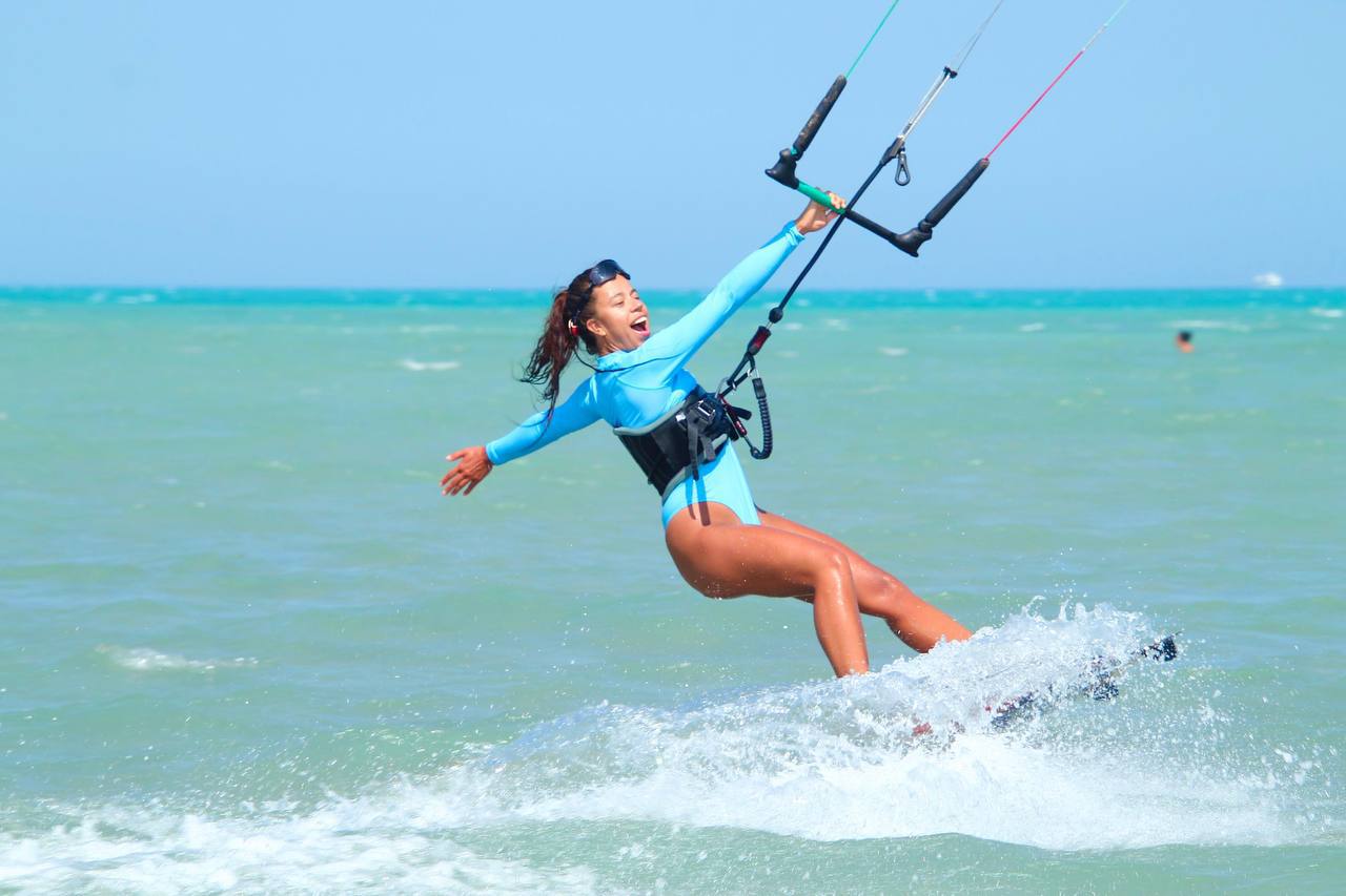 A girl rides a kite in Hurghada